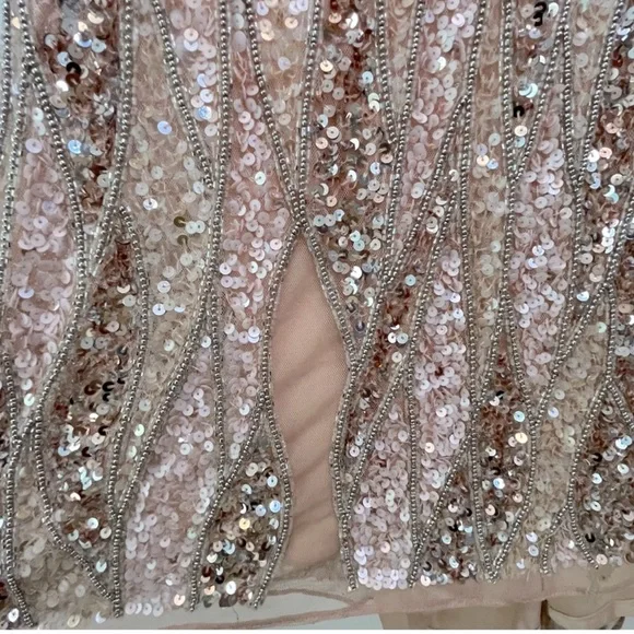 Mac Duggal Asymmetrical One Shoulder Long Sleeve Fully Sequin Gown Rose Gold - Picture 12 of 13